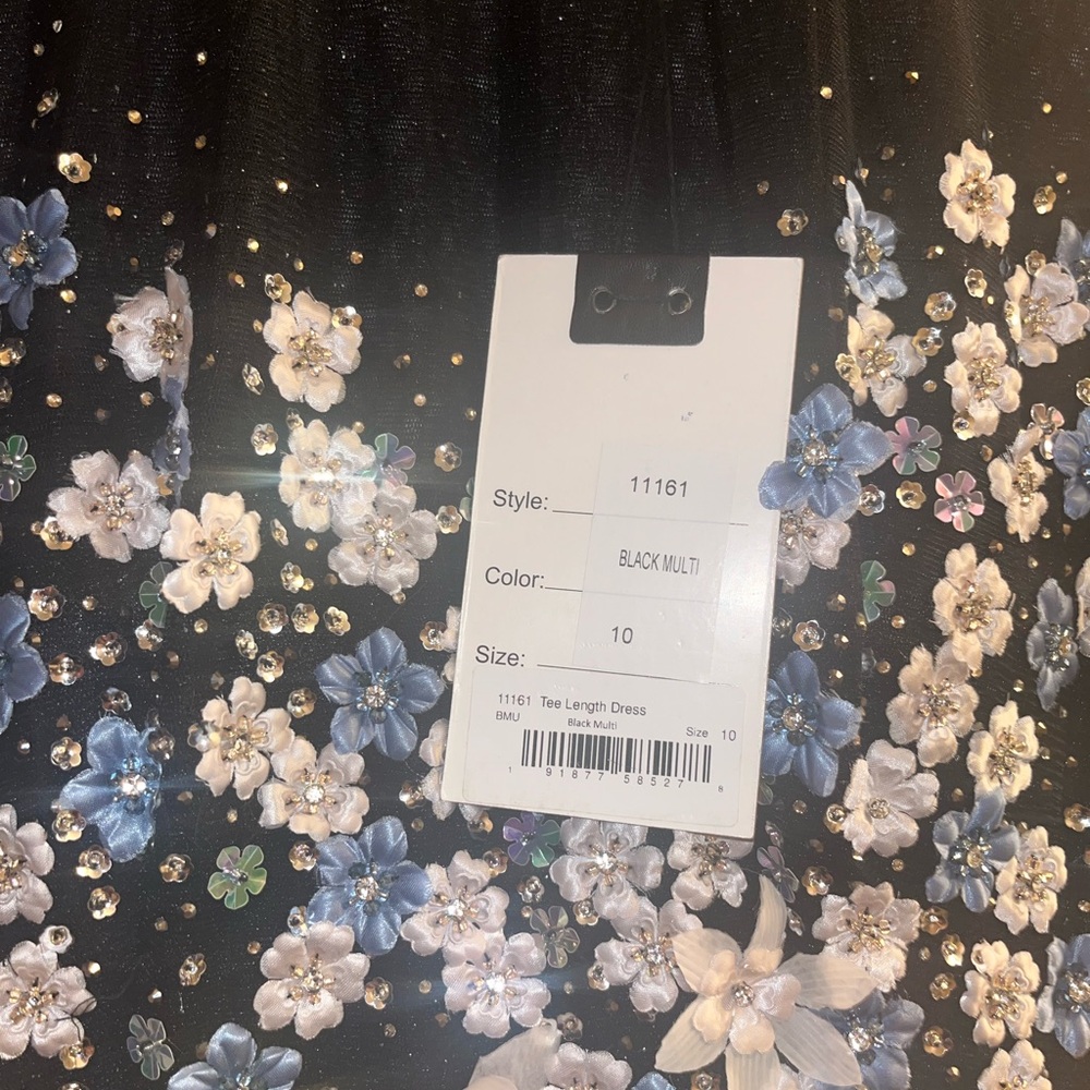 Mac Duggal Black Midi Dress with Blue and White Floral Appliqué - Picture 4 of 7